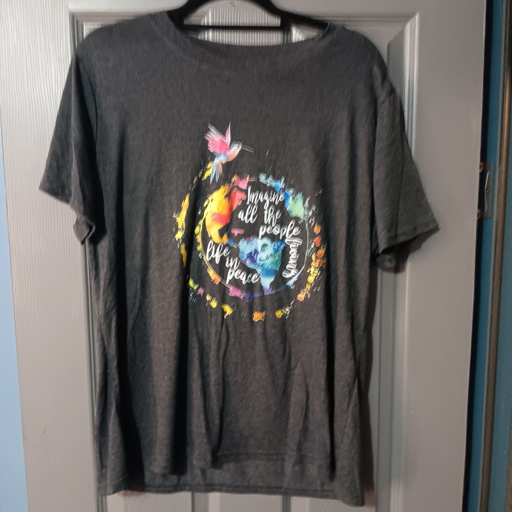 Charcoal Grey Womens Graphic Tee with Colorful Peace Design